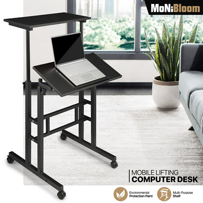 Rolling Laptop Desk Adjustable Height Computer Table Stand up Office Workstation
