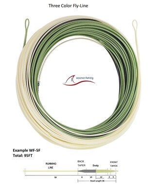 Fliegenschnur,Fly-Line WF-4F bis WF-6 Three Color, Gras-Grün + Grau + Blass-Gelb