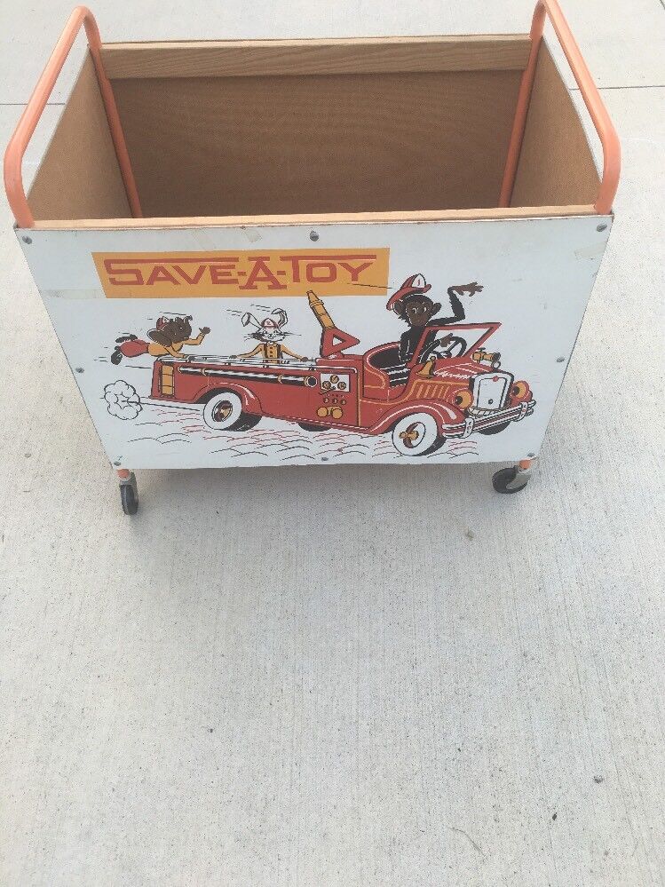 Vintage Save A Toy Firetruck Open Toy Box Chest Wheels Monkey Elephant  Rabbit