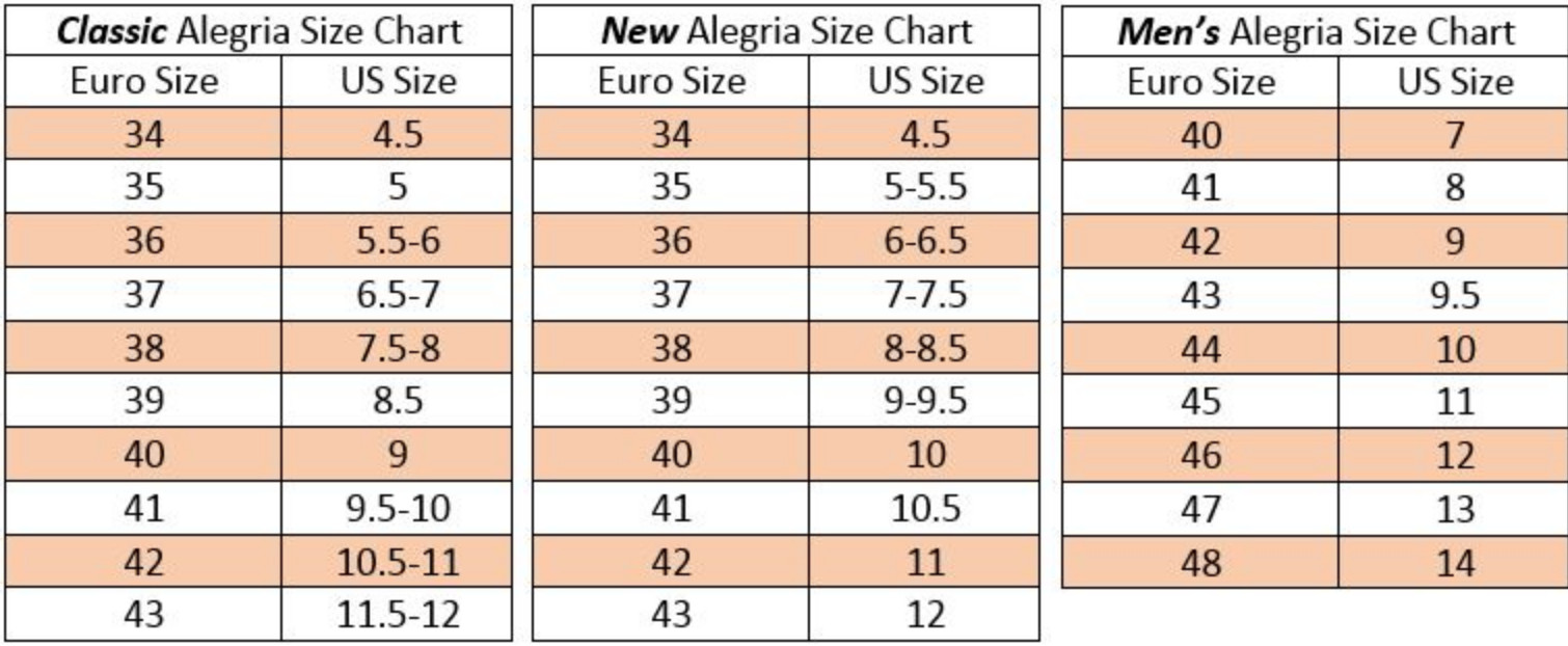 alegria by pg lite size chart
