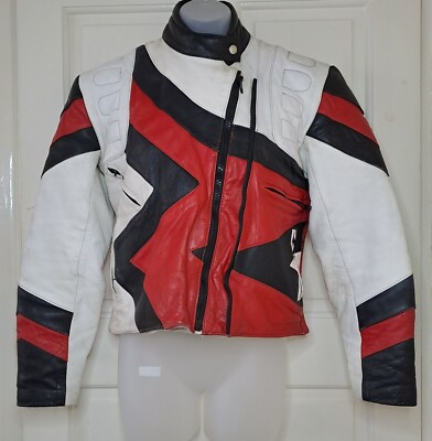 Damen Vintage Lederjacke - rot weiß schwarz Motorradjacke Größe 10