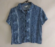 I.N. Studio Women's Blue Cap Sleeve Button-Up Blouse With Abstract Designs Large