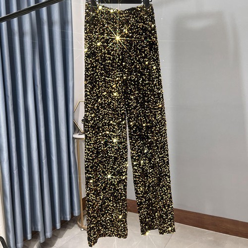 Women Sequin Velvet Pants Loose Elastic Waist Wide Leg Trousers Straight Pants - Picture 19 of 21