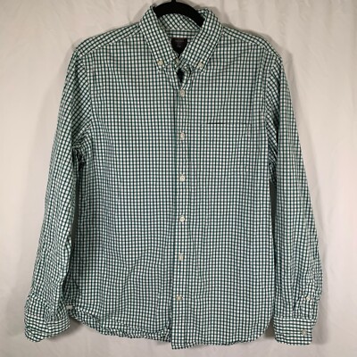 Gap Dress Shirt Men s Medium Green White Plaid Button Down Long Sleeve Lived-In
