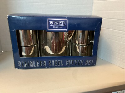WENZEL STAINLESS 14 cup Percolator Coffee Pot & 4 Mugs w/ Travel Bag New in Box