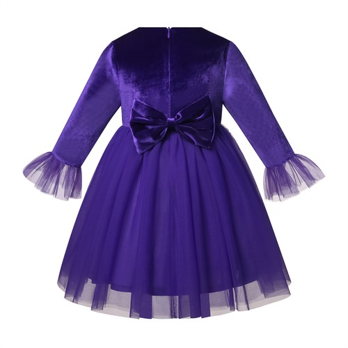 Classic Girls Purple Tulle Dress with Diamond Decoration + Bow Velvet Dress - Picture 4 of 16
