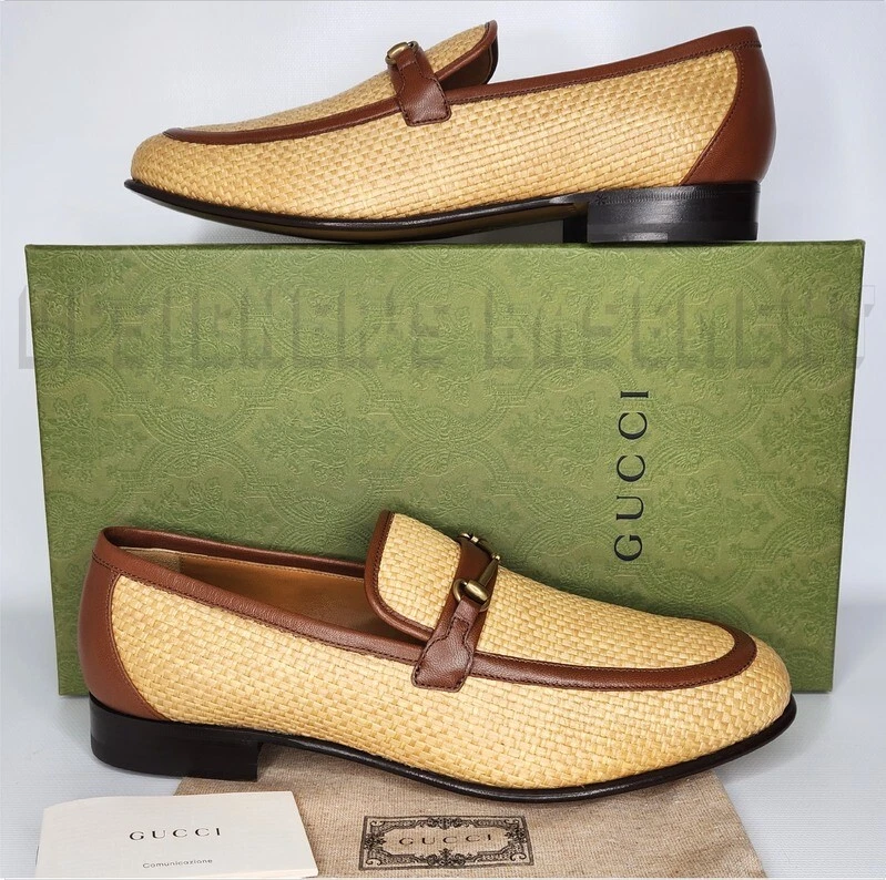 10 mocassins GUCCI bicolores beige raphia marron cuir JORDAAN doré HORSEBIT Neuf dans leur boîte