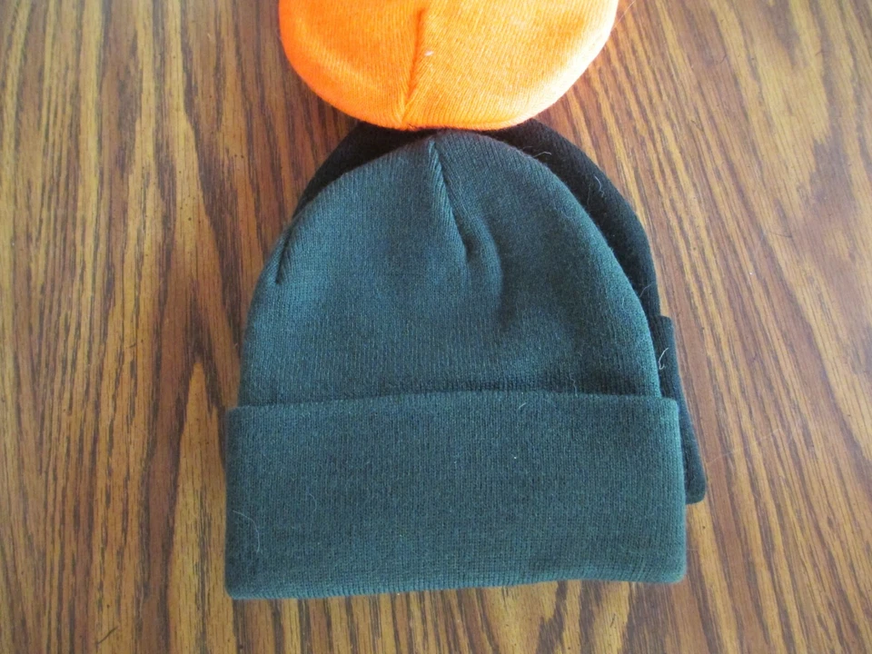New 3 Double Knit w/Cuff Outdoor Cap Orange Green Black Hunter Beanie Hats  - Image 2 of 4