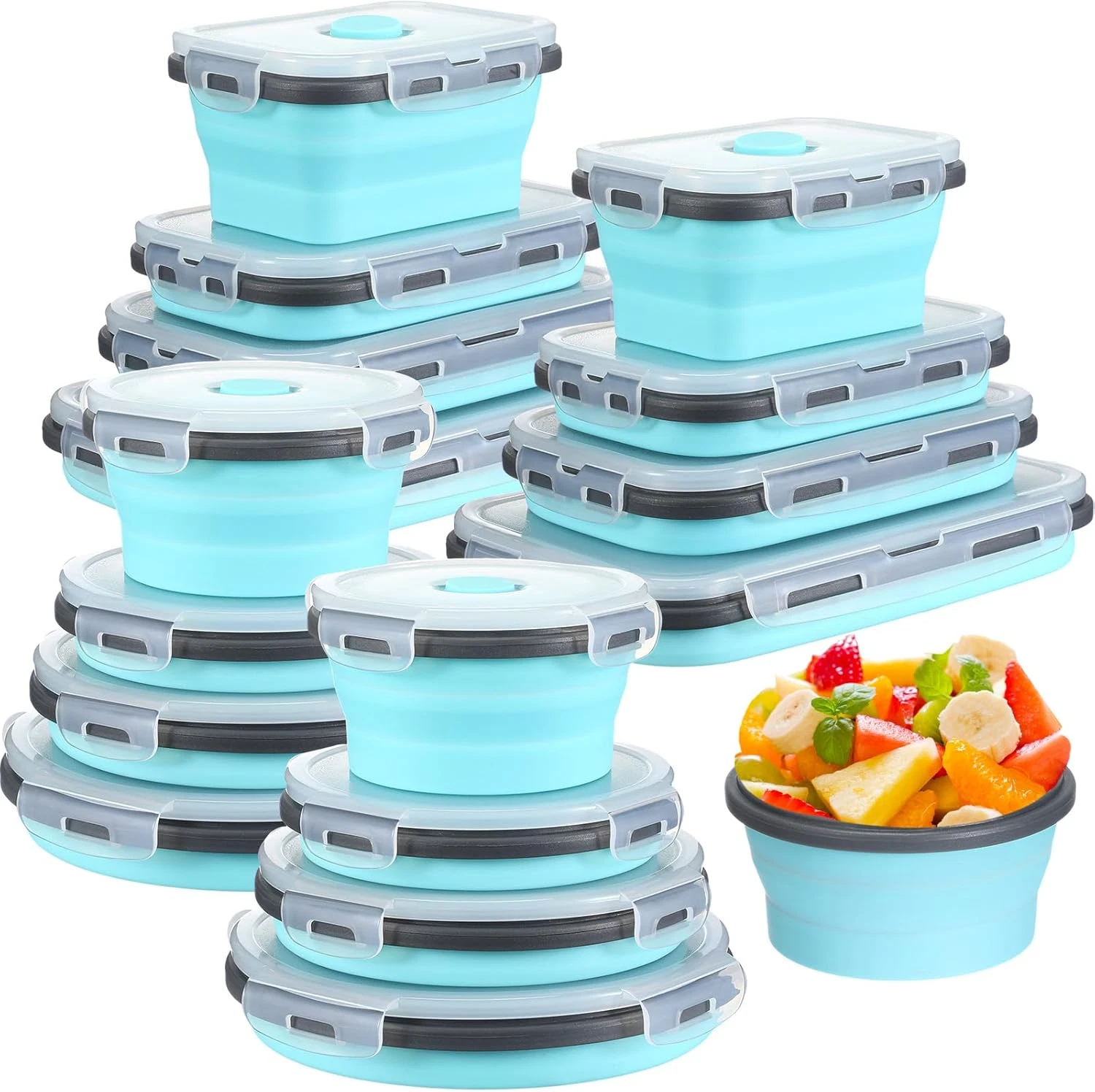 16 Pack Collapsible Food Storage Containers - Rectangle & Round Bowls, Gray/Blue