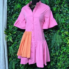 Fanco Dress Small Pink Orange Colorblock Ruffle Bell Sleeve Shirt Dress 3655