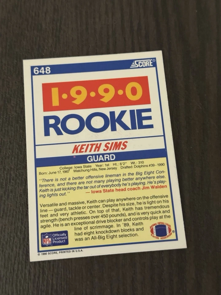 1990 Score #648 KEITH SIMS Miami Dolphins Rookie RC Auto Autographed HAND SIGNED - Image 2 of 2