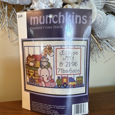 Munchkins Counted Cross Stitch Kit #328 Noah BIRTH ANNOUNCEMENT 5x7''~~NIP!! Cute