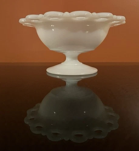 Vintage Anchor Hocking "Old Colony" Lace Edge Milk Glass Compote/Candy Dish 7”