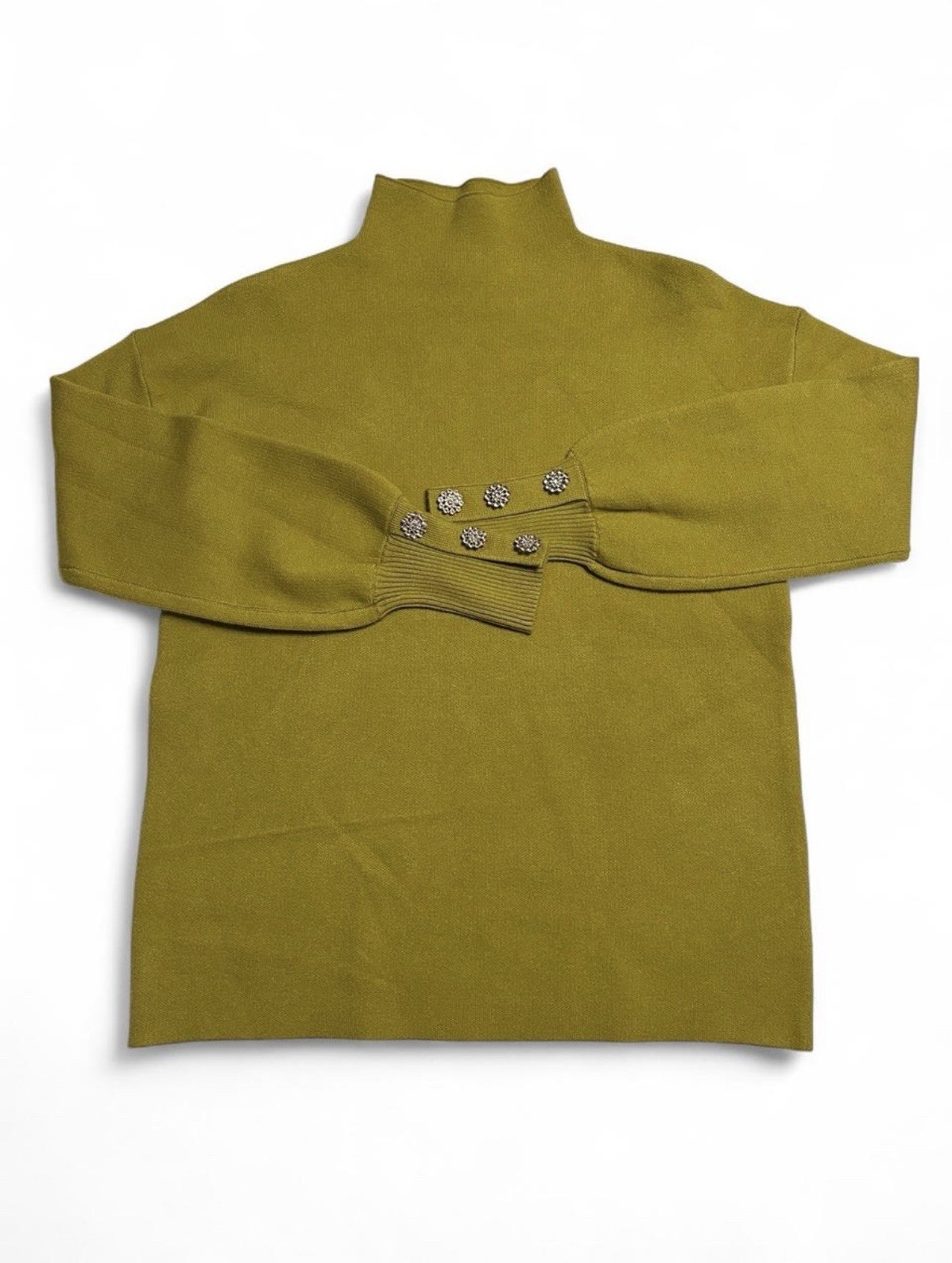 Tahari Women’s Small Green Yellow Mock Neck Sweater Sparkly Knit Button Detail