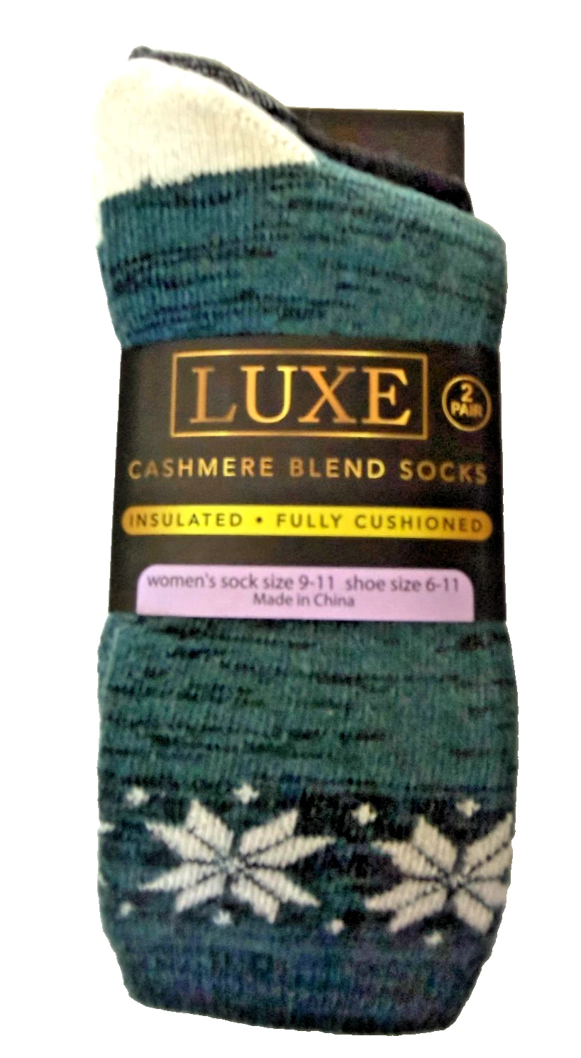 Luxe Cashmere Blend Ladies Reindeer Socks Green Snowflake and Black 2 Pair