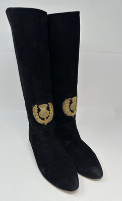 Stuart Weitzman Boots Womens 7.5 B Black Suede Knee Hi Riding Scottish Thistle