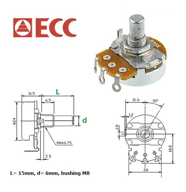ECC ELECTRONICS CHINA ECC 24mm 10KB, potenziometro lineare mono (QB3)