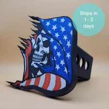 Skull with American Flag Trailer Hitch Cover – Patriotic 2" Receiver Plug, Bold
