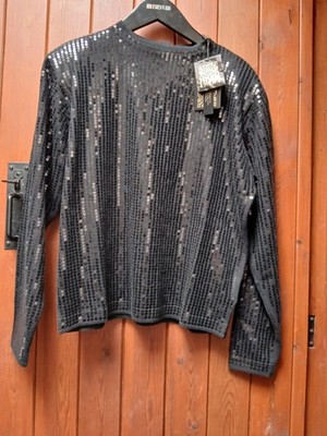 Biba Black Cotton Sequin Sparkle Evening Jumper Gold Button L 14