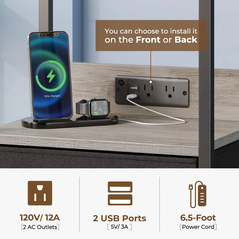 Night Stand with Charging Station, Tall Nightstand with 5 Fabric Storage Draw... - Image 4 of 4