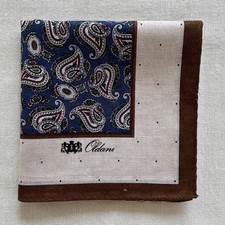 Vintage Handkerchief Blue Cotton Paisley Pattern Border Brown Pocket Square 19"
