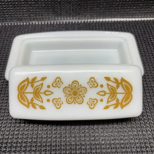 Vintage PYREX Milk Glass Covered Butter Dish Butterfly Gold Design with Lid
