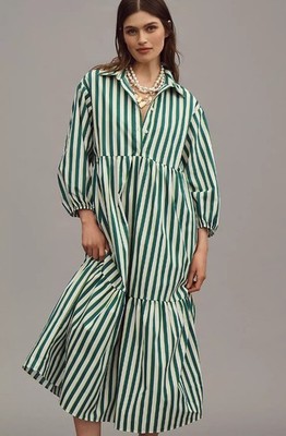 Bettina Tiered Shirt Dress Green Stripe Maeve Anthropologie Buttondown Sz L  NEW | eBay