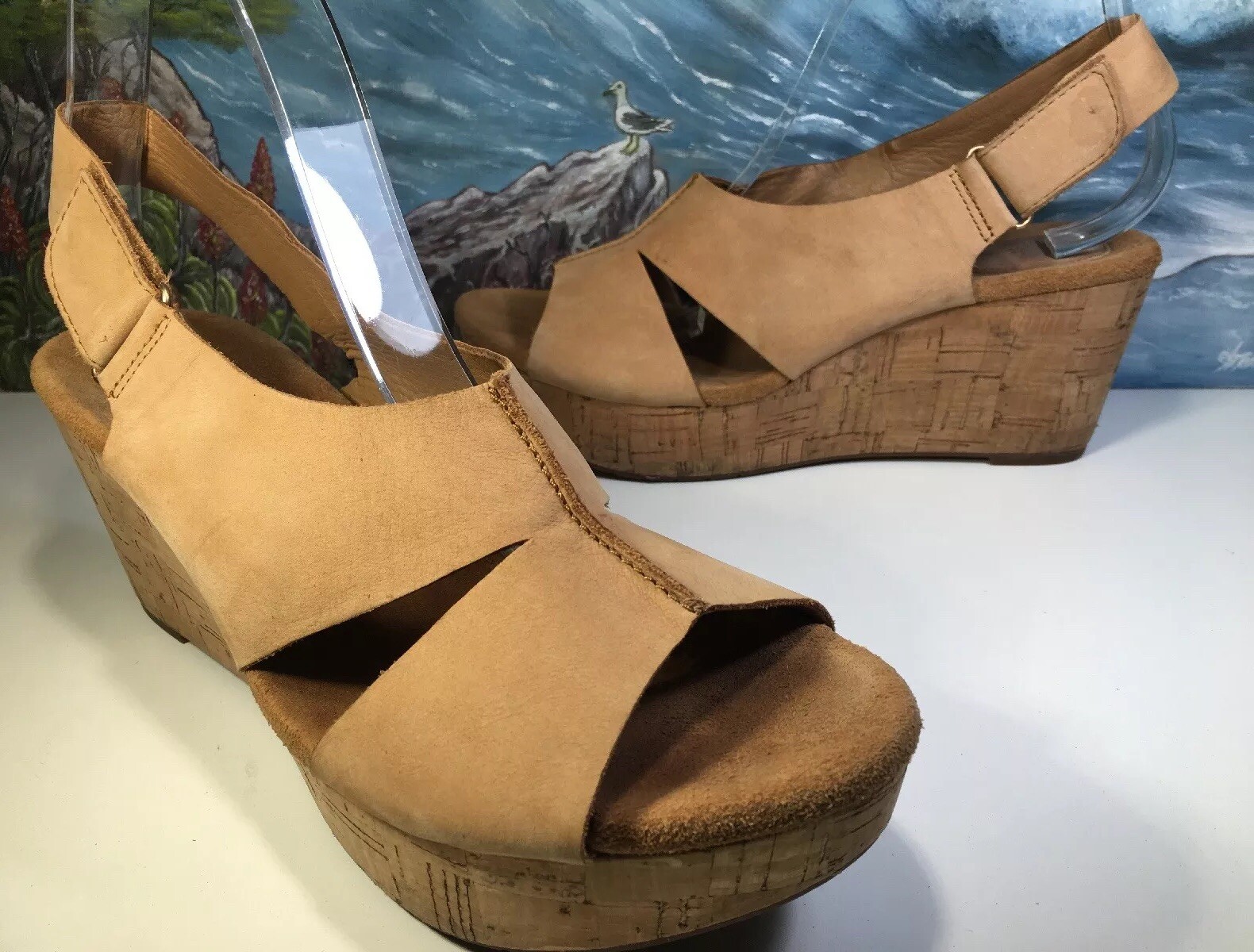 Clarks Artisan Cork Wedge Heel Tan Leather Sling Back… Gem