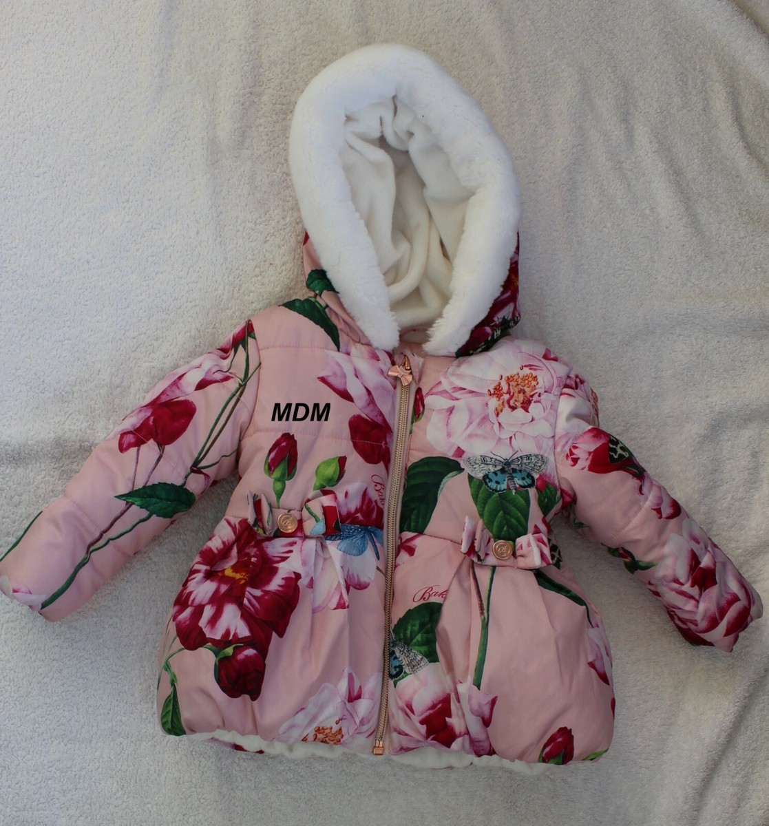 Ted Baker Baby Girls Pink Floral Hooded Padded Fur Trim Lined Coat
