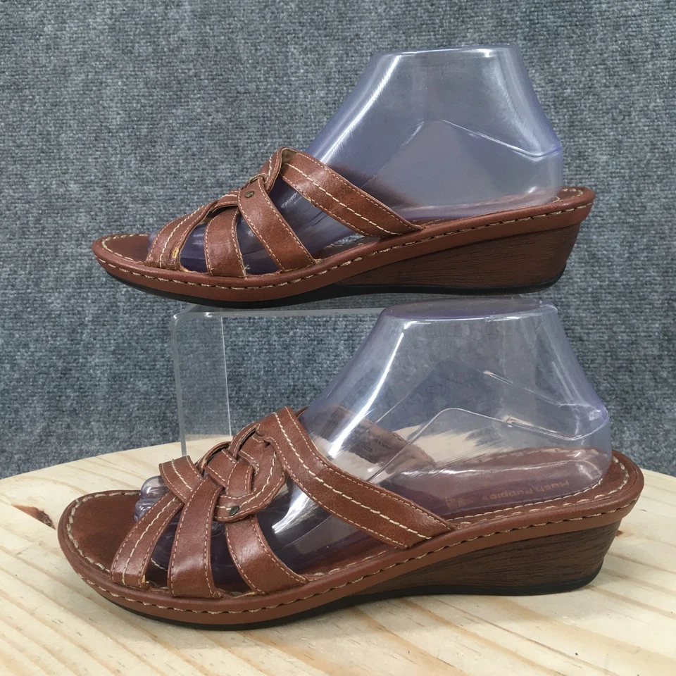 Sandalias Hush Puppies para mujer 9 W con tiras deslizables cuero marrón cuña informales Foto 2 de 4