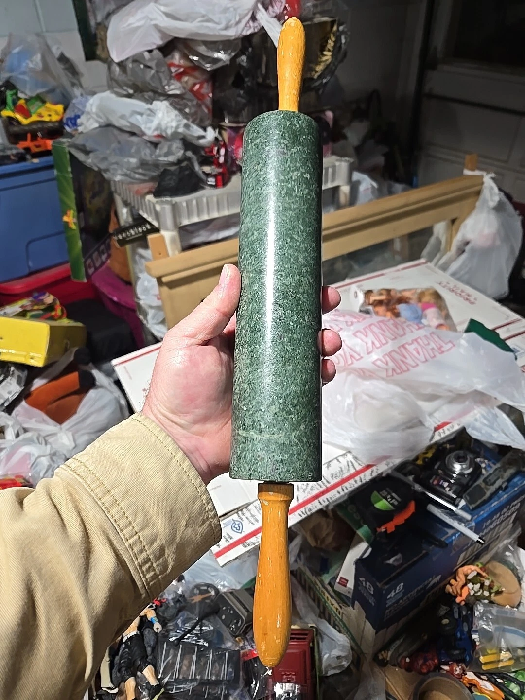 Vintage Green Marble Granite Rolling Pin with Wooden Handles