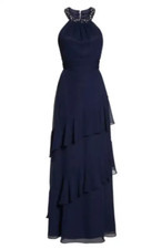 Eliza J Beaded Halter Tiered Chiffon Gown (Size 0) - Navy