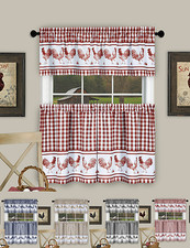 Plaid Rooster Kitchen Curtain Tier  Valance Set - Assorted Colors  Sizes
