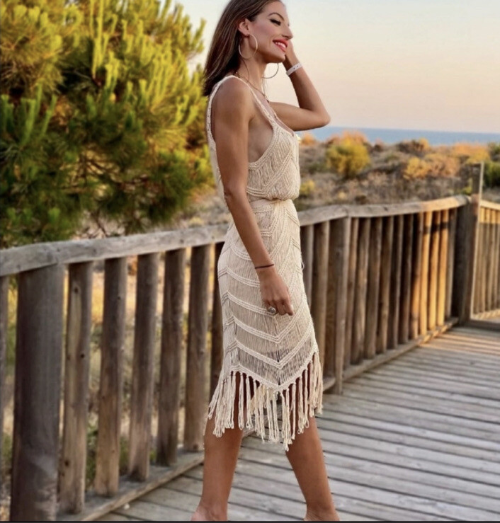 zara crochet midi dress CROCHET TRIM MIDI DRESS - Oyster-white
