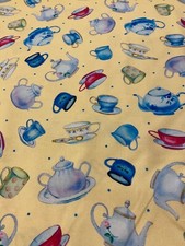 COFFEE CUPS DRINKS TEA POTS BRIGHT COLORS YELLOW COTTON FABRIC FQ OOP