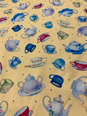 COFFEE CUPS DRINKS TEA POTS BRIGHT COLORS YELLOW COTTON FABRIC FQ OOP