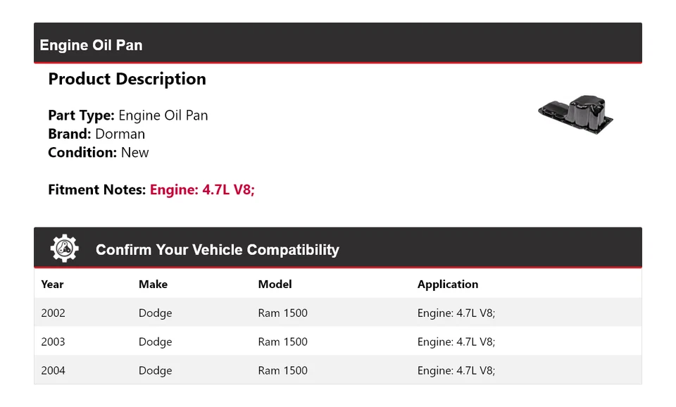 Para Dodge Ram 1500 2002-2004 4,7 L V8 Dorman motor cárter de aceite 2003 Foto 2 de 4