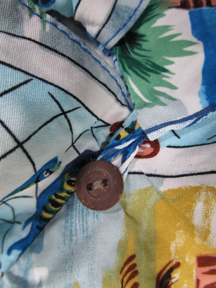 Camisa Go Barefoot Hombres Extra Grande Azul Pez Hawaiano Cuello Lazo Hecha en EE. UU. Foto 4 de 4