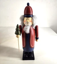 Vtg Christmas Nut Cracker Figure Holding Pine Tree Wooden Blue & Red 15"