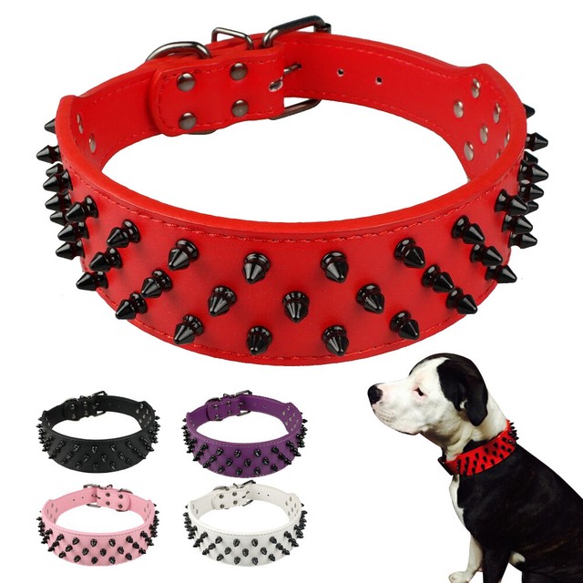 2" Wide Black/Red Spikes Studded PU Leather Dog Collars Pit Bull Boxer M L XL eBay