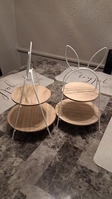 2-Tier Bunny Ear Cake Stand Wood Metal Natural White Round Easter Decor