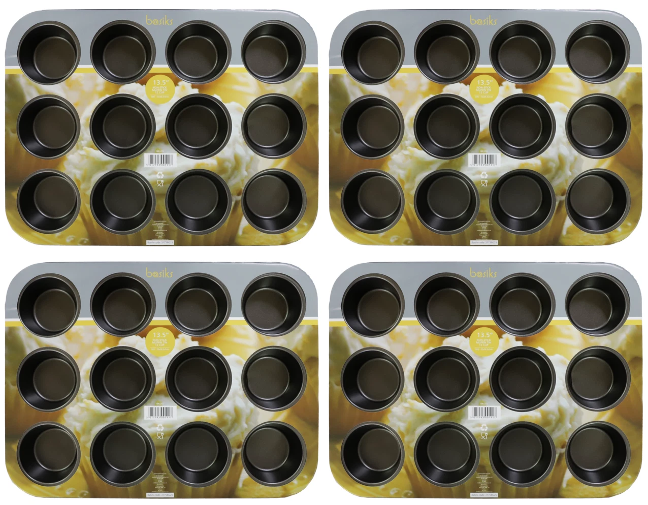 4x basiks 12 Cup Muffin Pan Non-Stick Steel Cake Baking Kitchen Oven Tray 13.5"