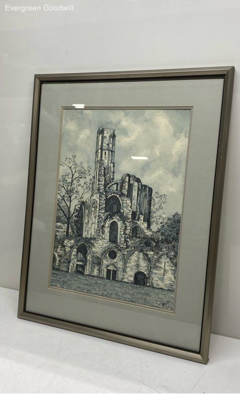 Framed Signed Watercolor Painting of Church Ruins