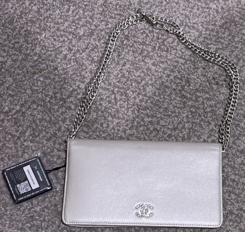 Pre-owned CHANEL Metallic Gold Caviar Leather Crystal Flap Wallet With Chain