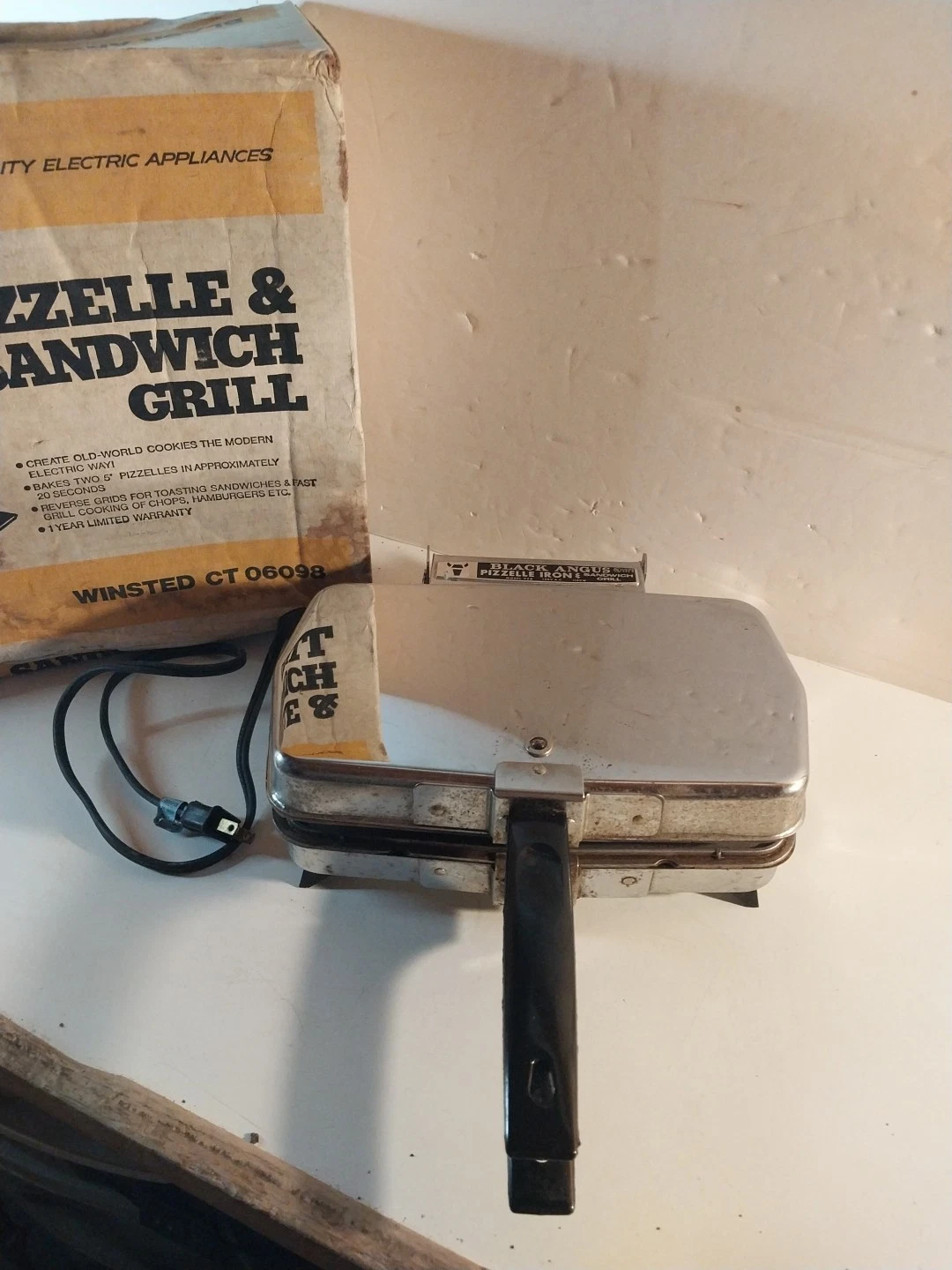 Vintage Black Angus Pizzelle Iron & Sandwich Grill Model 920 Chrome 1100W USA