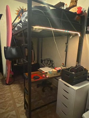 Twin Black Metal Loft Bed Frame w/ Desk, Ladder, Guardrails, Shelves, LED