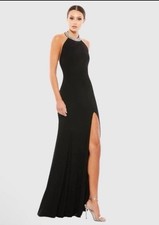 Mac Duggal 25572 Sz 10 Black Jersey Open Back Rhinestone Collar Fringe Gown