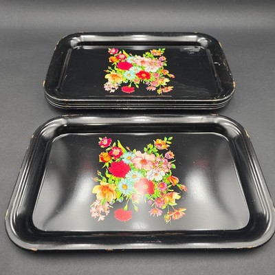 Vintage Black Floral Metal Snack Tray Set of 6 14x9