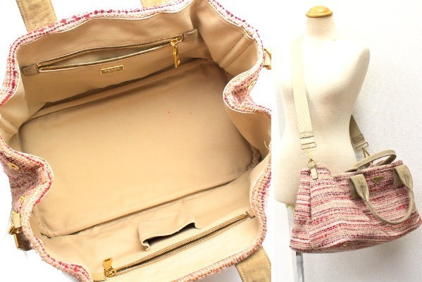 PRADA Tweed Canapa Tote 2WAY Bag BN2042 Pink Beige Suede 60455 from japan thumbnail 6