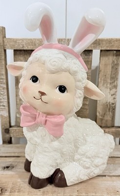 NEW Baby Sheep Lamb Figurine W/ Pink Bow Tie Cute Bunny Resin Spring Easter Deco